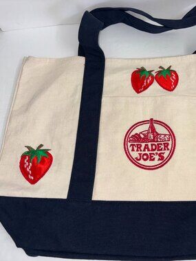 NEW Unique Designs Sewn on Embroidered Strawberries Apples Trader Joe Large Tote